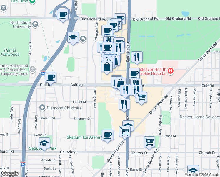 map of restaurants, bars, coffee shops, grocery stores, and more near 4901 Golf Road in Skokie