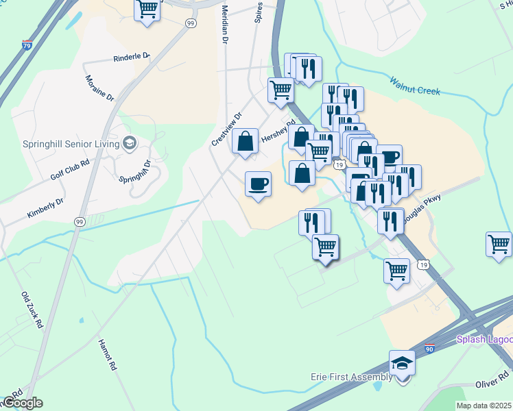 map of restaurants, bars, coffee shops, grocery stores, and more near 6700 Peach Street in Erie