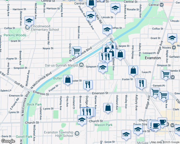 map of restaurants, bars, coffee shops, grocery stores, and more near in Evanston