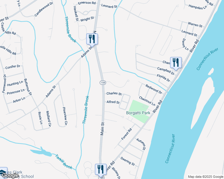 map of restaurants, bars, coffee shops, grocery stores, and more near 18 Forest Ridge Lane in Agawam