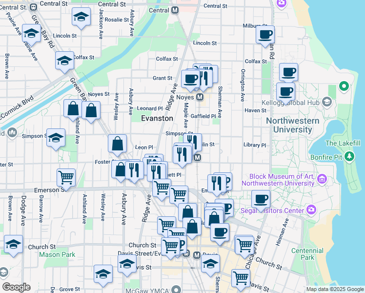 map of restaurants, bars, coffee shops, grocery stores, and more near 2043 Pratt Court in Evanston