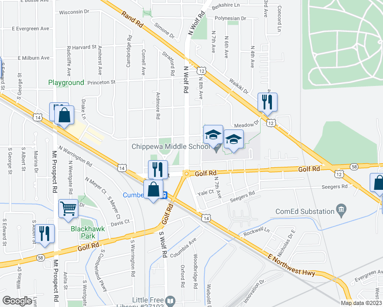 map of restaurants, bars, coffee shops, grocery stores, and more near 170 South Wolf Road in Des Plaines