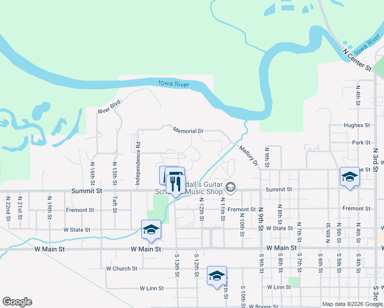 map of restaurants, bars, coffee shops, grocery stores, and more near 1301 Summit Street in Marshalltown