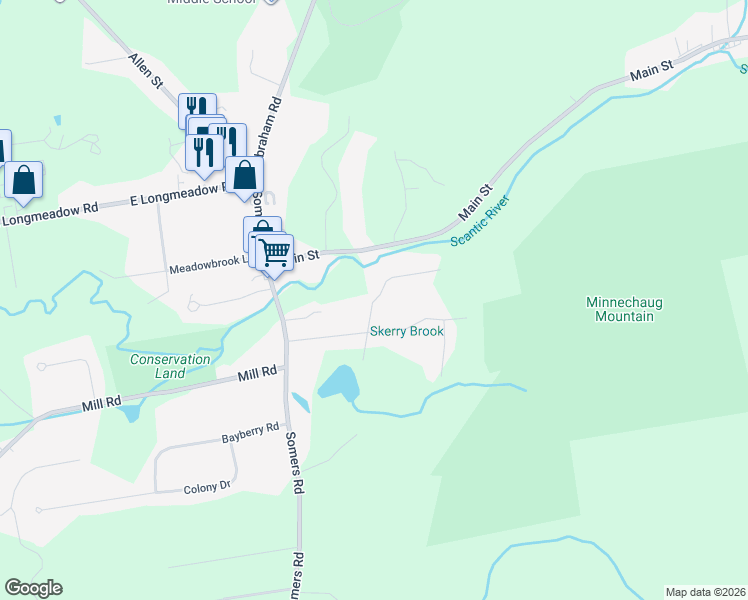 map of restaurants, bars, coffee shops, grocery stores, and more near 26 Walnut Road in Hampden