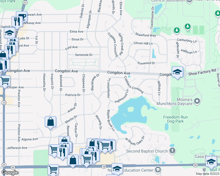 map of restaurants, bars, coffee shops, grocery stores, and more near 1001 Hobble Bush Lane in Elgin