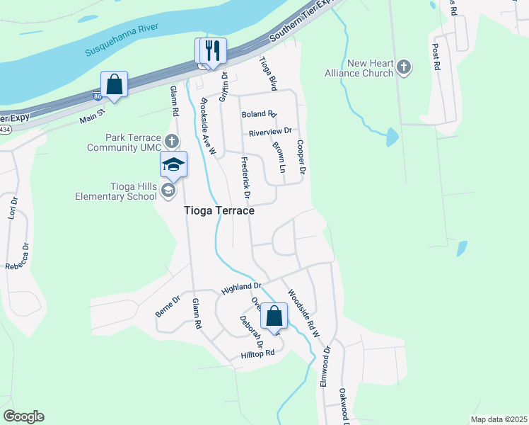 map of restaurants, bars, coffee shops, grocery stores, and more near 5 Terrace Drive in Apalachin