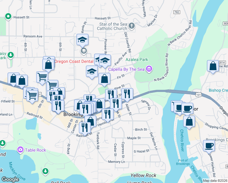 map of restaurants, bars, coffee shops, grocery stores, and more near 446 Pine Street in Brookings