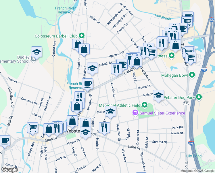 map of restaurants, bars, coffee shops, grocery stores, and more near 31 East Main Street in Webster
