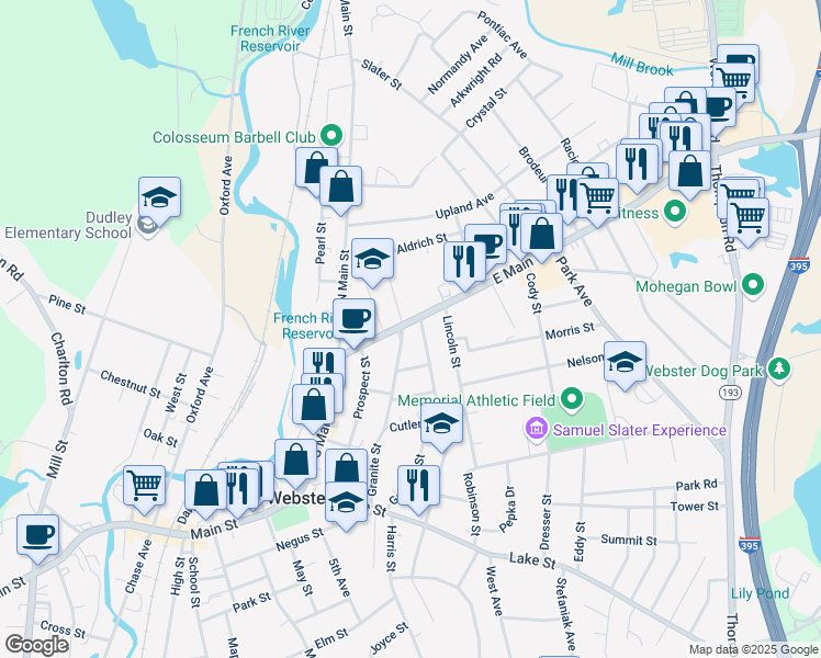 map of restaurants, bars, coffee shops, grocery stores, and more near 31 East Main Street in Webster