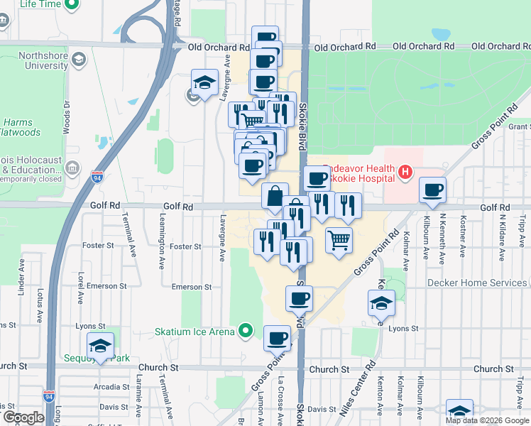 map of restaurants, bars, coffee shops, grocery stores, and more near 4860-4898 Golf Road in Skokie