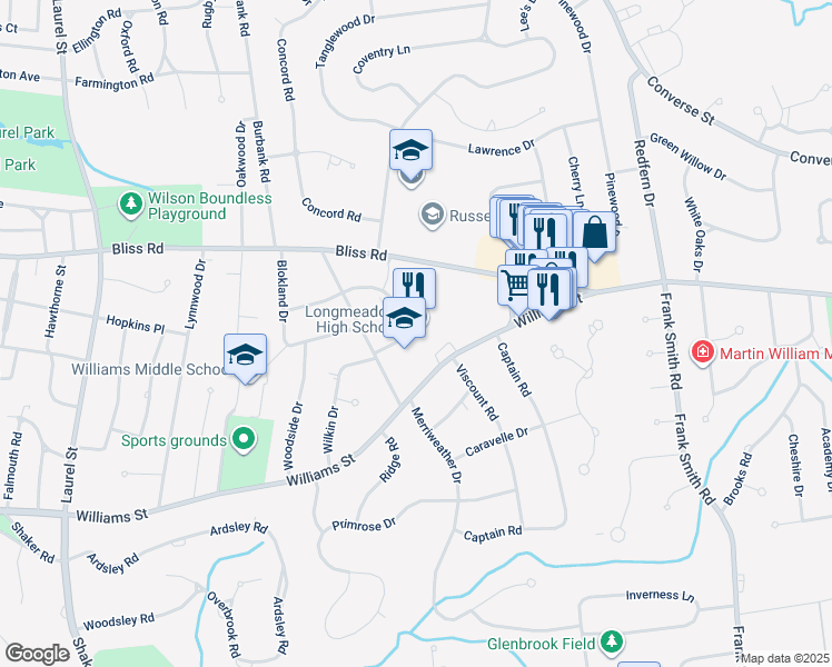 map of restaurants, bars, coffee shops, grocery stores, and more near 95 Grassy Gutter Road in Longmeadow