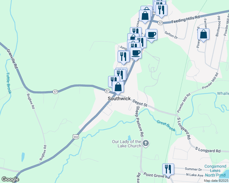 map of restaurants, bars, coffee shops, grocery stores, and more near 479 College Highway in Southwick
