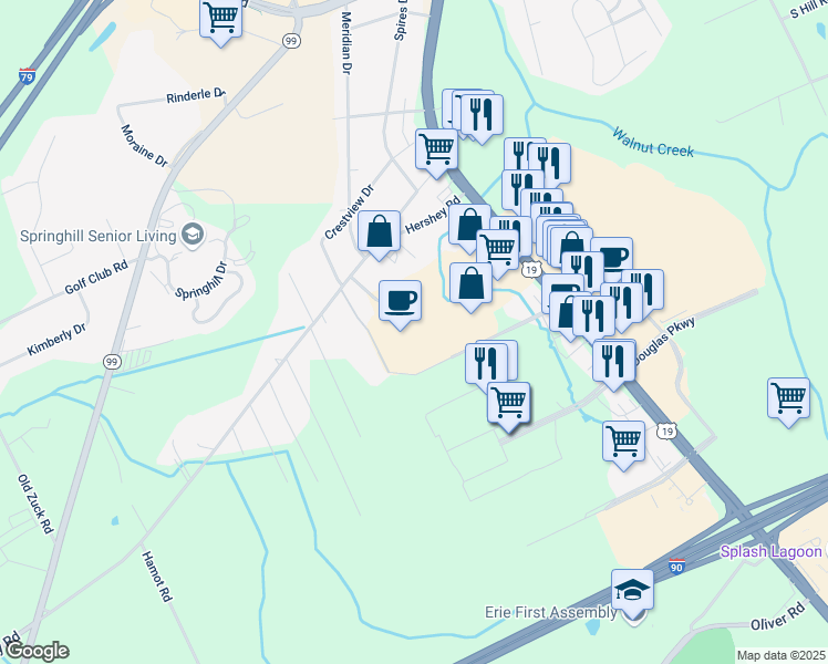 map of restaurants, bars, coffee shops, grocery stores, and more near 6700 Peach Street in Erie