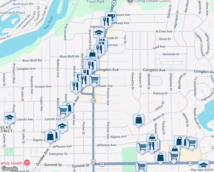 map of restaurants, bars, coffee shops, grocery stores, and more near 1000 Preston Avenue in Elgin