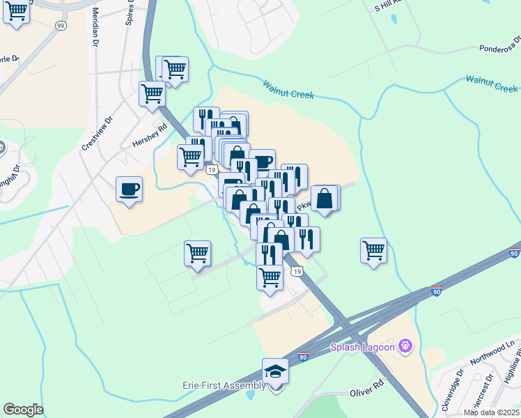 map of restaurants, bars, coffee shops, grocery stores, and more near 7311 Peach Street in Erie