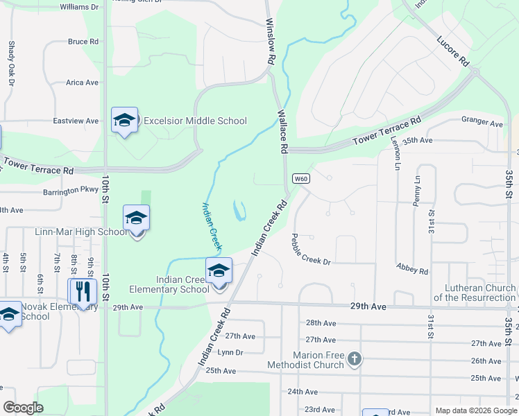 map of restaurants, bars, coffee shops, grocery stores, and more near 3450 Indian Creek Road in Marion