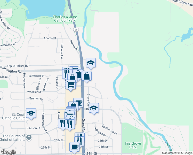 map of restaurants, bars, coffee shops, grocery stores, and more near 3500 Grand Avenue in Ames