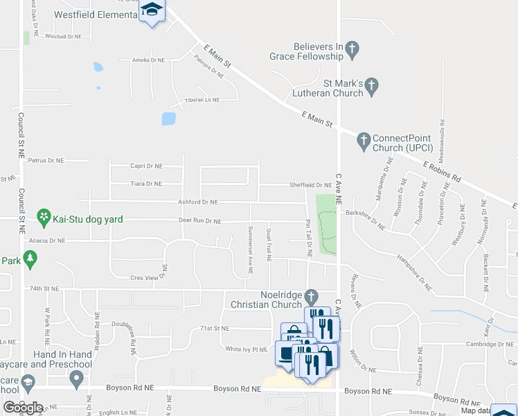 map of restaurants, bars, coffee shops, grocery stores, and more near 633 Ashford Drive Northeast in Cedar Rapids