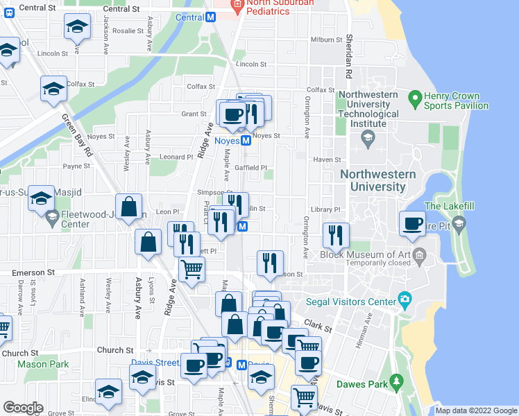 map of restaurants, bars, coffee shops, grocery stores, and more near 899 Hamlin Street in Evanston