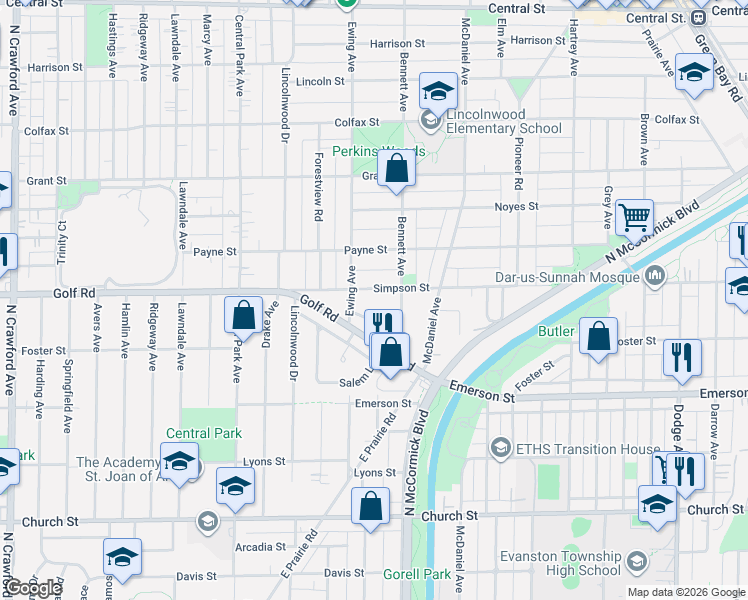 map of restaurants, bars, coffee shops, grocery stores, and more near 2735 Simpson Street in Evanston