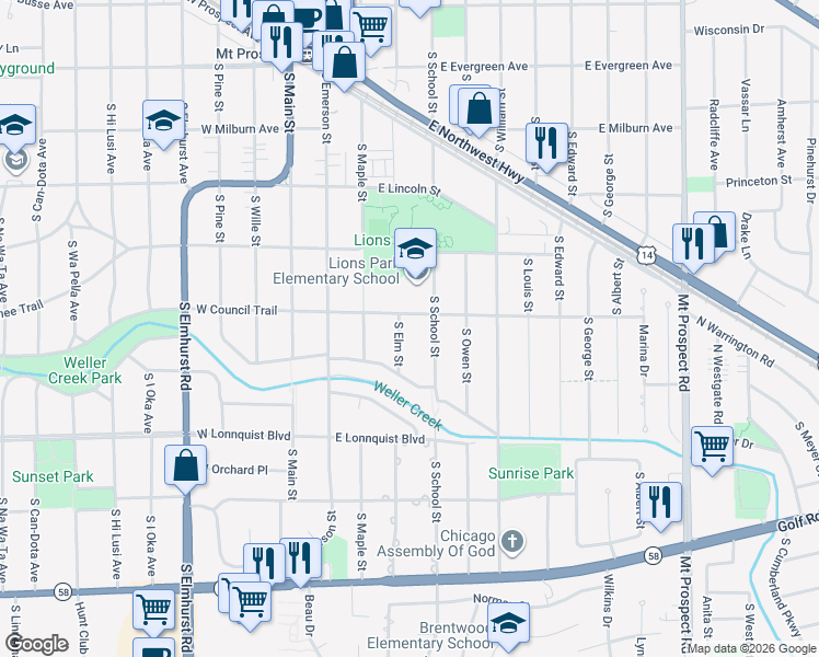 map of restaurants, bars, coffee shops, grocery stores, and more near 600 South School Street in Mount Prospect
