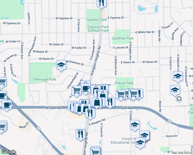map of restaurants, bars, coffee shops, grocery stores, and more near 1531 South Arlington Heights Road in Arlington Heights
