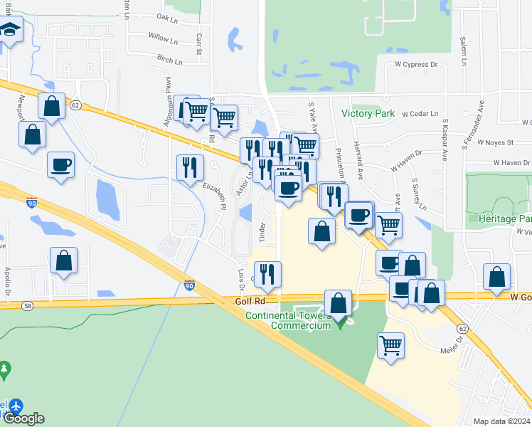 map of restaurants, bars, coffee shops, grocery stores, and more near 5401 Chateau Drive in Rolling Meadows