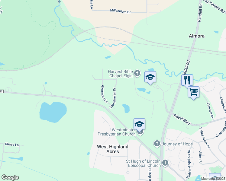 map of restaurants, bars, coffee shops, grocery stores, and more near 948 Stonehaven Court in Elgin