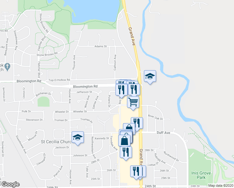 map of restaurants, bars, coffee shops, grocery stores, and more near 3419 Polaris Drive in Ames