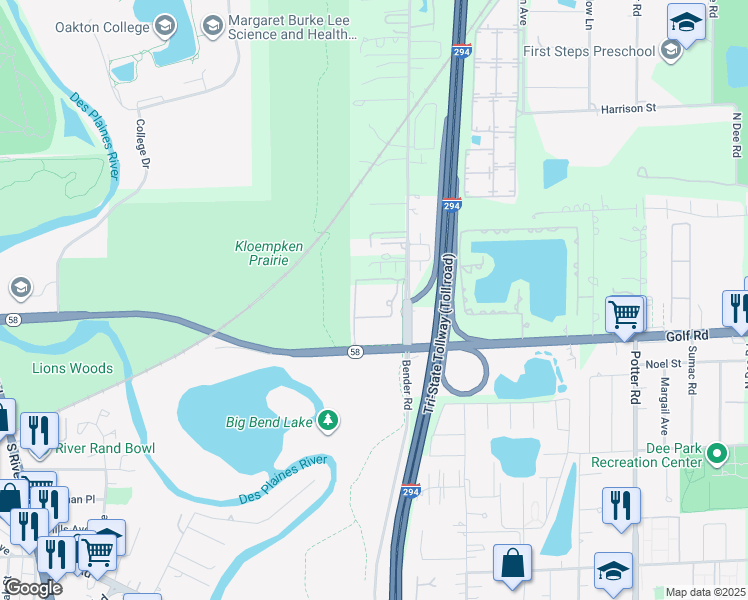 map of restaurants, bars, coffee shops, grocery stores, and more near 150 East River Road in Des Plaines