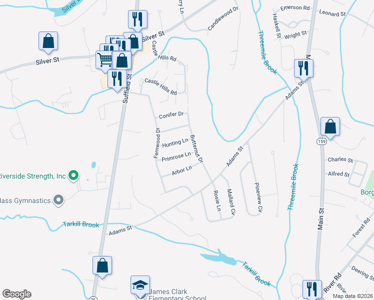 map of restaurants, bars, coffee shops, grocery stores, and more near 75 Butternut Drive in Agawam