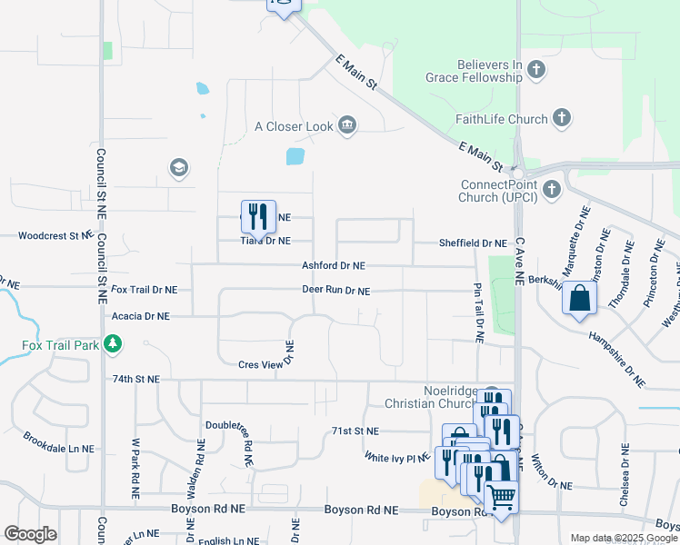 map of restaurants, bars, coffee shops, grocery stores, and more near 845 Ashford Drive Northeast in Cedar Rapids