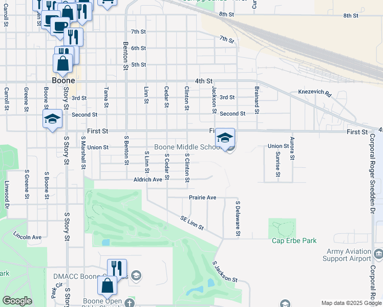 map of restaurants, bars, coffee shops, grocery stores, and more near 205 South Clinton Street in Boone