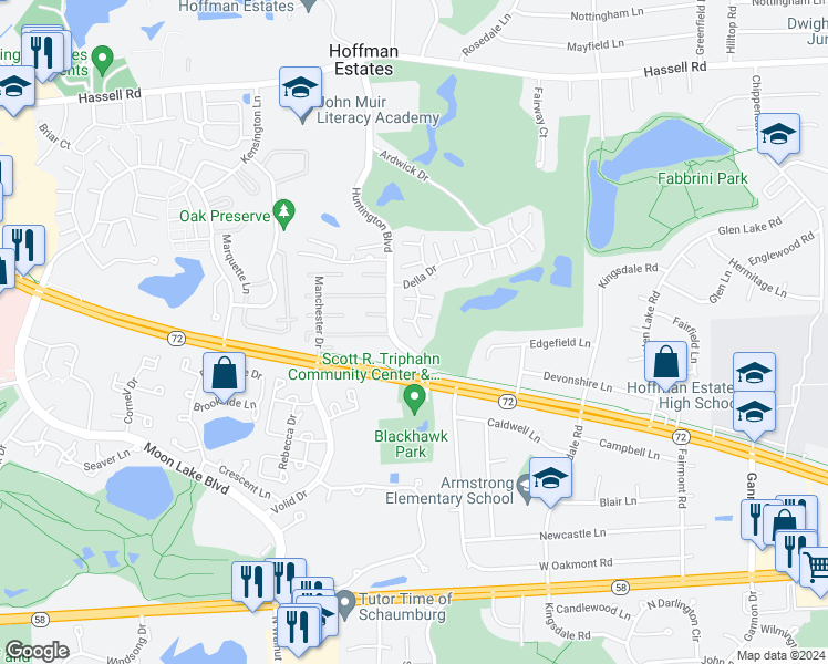 map of restaurants, bars, coffee shops, grocery stores, and more near 1595 McCormack Drive in Hoffman Estates