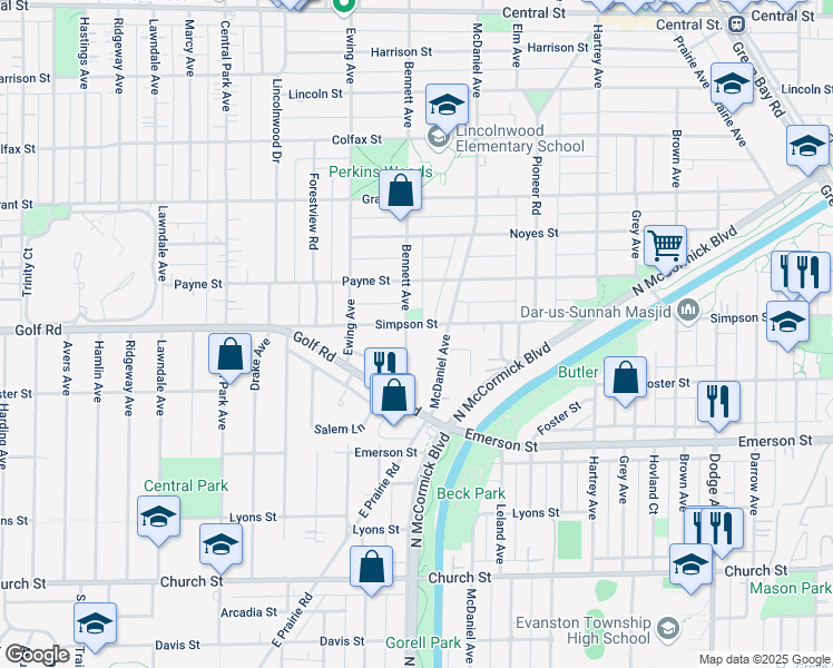 map of restaurants, bars, coffee shops, grocery stores, and more near 2100 Bennett Avenue in Evanston
