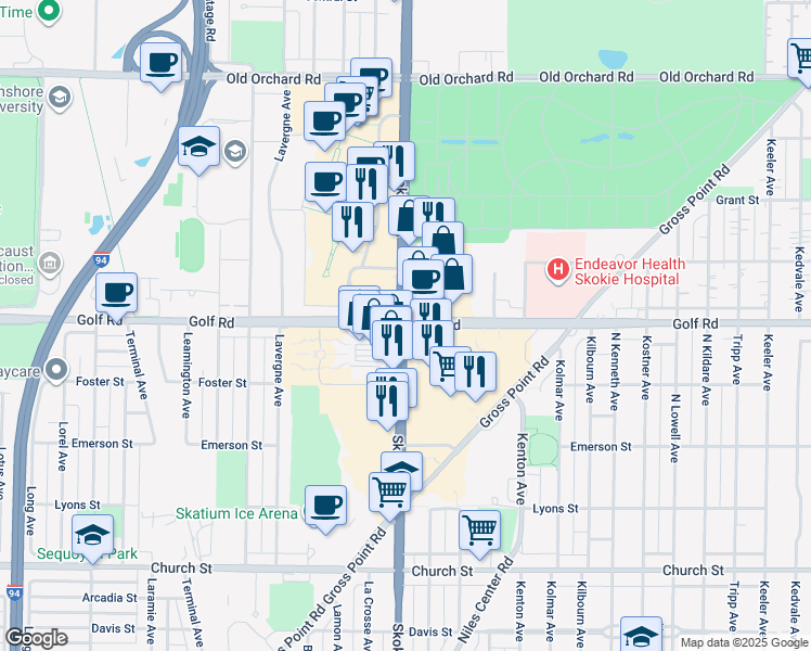 map of restaurants, bars, coffee shops, grocery stores, and more near 4799 Golf Road in Skokie