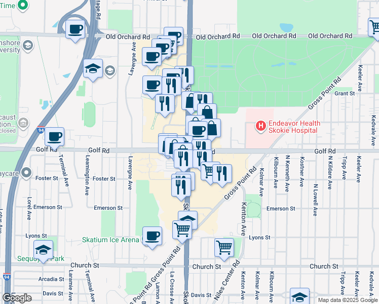 map of restaurants, bars, coffee shops, grocery stores, and more near 4799 Golf Road in Skokie