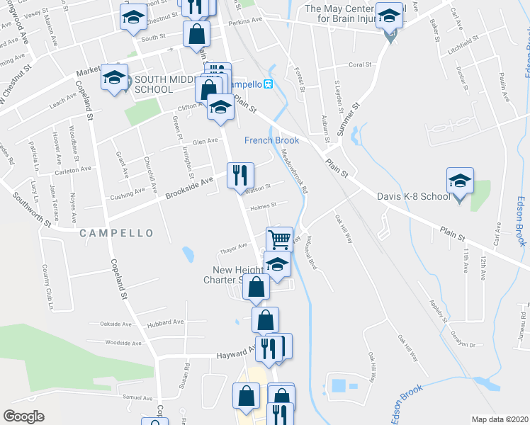 map of restaurants, bars, coffee shops, grocery stores, and more near 19 Holmes Street in Brockton