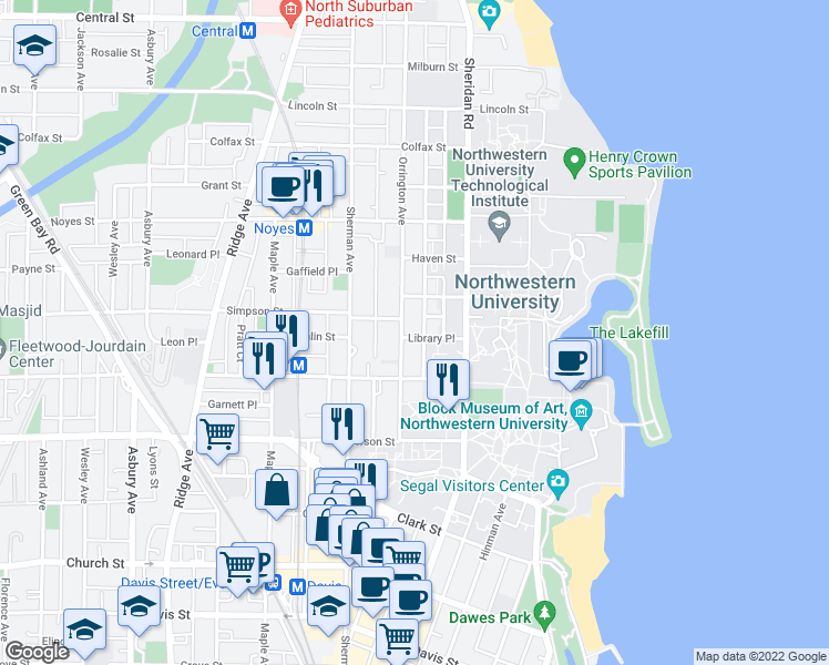 map of restaurants, bars, coffee shops, grocery stores, and more near 2100 Orrington Avenue in Evanston