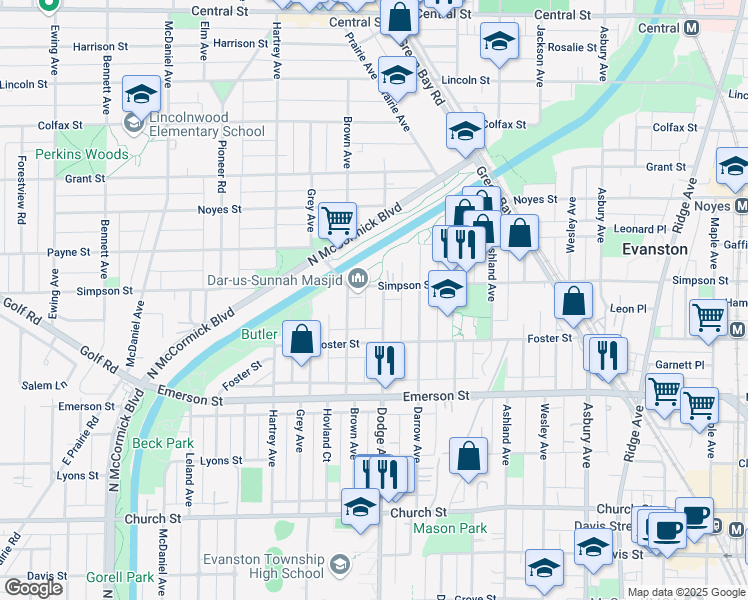 map of restaurants, bars, coffee shops, grocery stores, and more near in Evanston