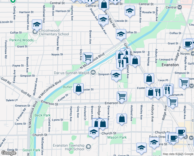 map of restaurants, bars, coffee shops, grocery stores, and more near in Evanston