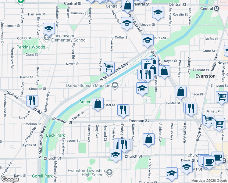 map of restaurants, bars, coffee shops, grocery stores, and more near 2024 Brown Avenue in Evanston