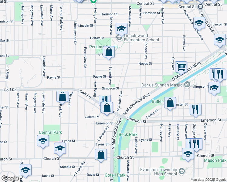 map of restaurants, bars, coffee shops, grocery stores, and more near 2100 Bennett Avenue in Evanston