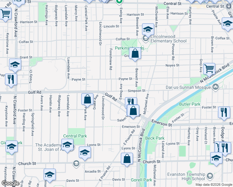 map of restaurants, bars, coffee shops, grocery stores, and more near 2103 Forestview Road in Evanston