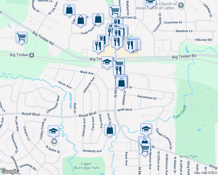 map of restaurants, bars, coffee shops, grocery stores, and more near 8116 Mark Avenue in Elgin