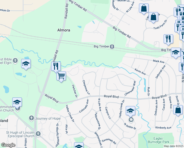 map of restaurants, bars, coffee shops, grocery stores, and more near 2220 Toftrees Trail in Elgin