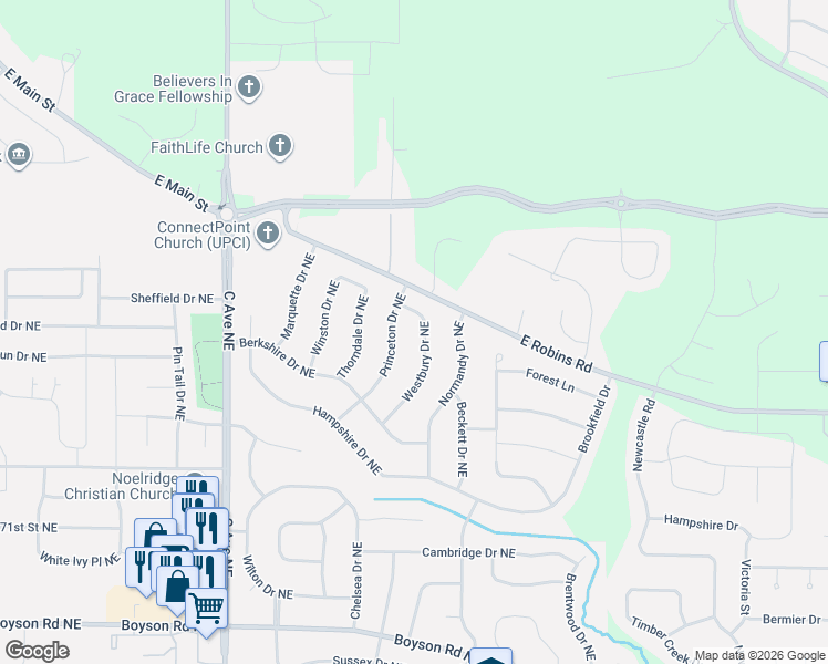 map of restaurants, bars, coffee shops, grocery stores, and more near 7702 Princeton Drive Northeast in Cedar Rapids