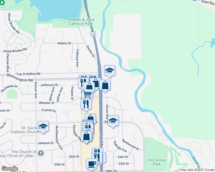 map of restaurants, bars, coffee shops, grocery stores, and more near 3440 Grand Avenue in Ames