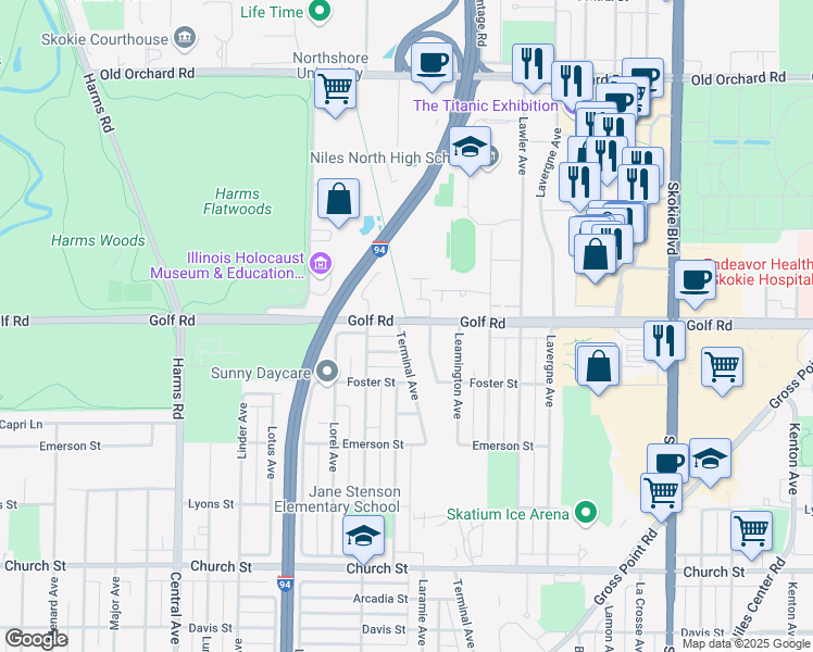 map of restaurants, bars, coffee shops, grocery stores, and more near 5225 Golf Rd in Skokie
