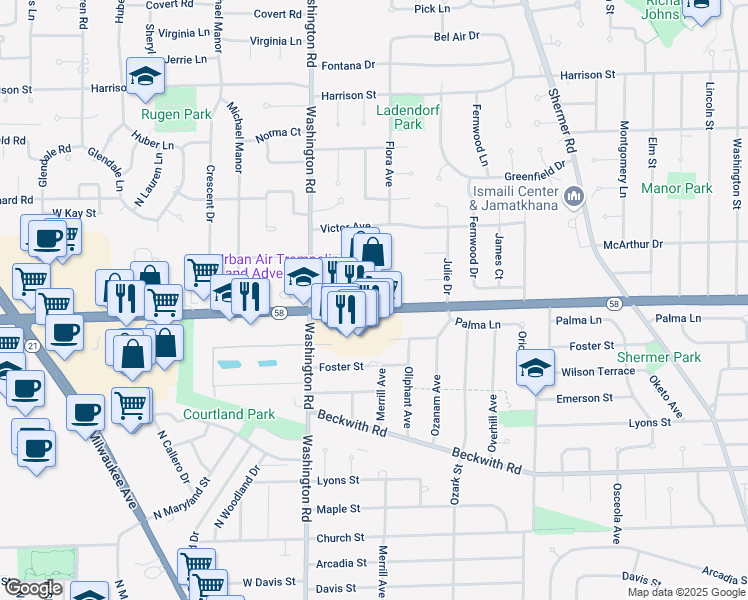 map of restaurants, bars, coffee shops, grocery stores, and more near 2626 Golf Road in Glenview